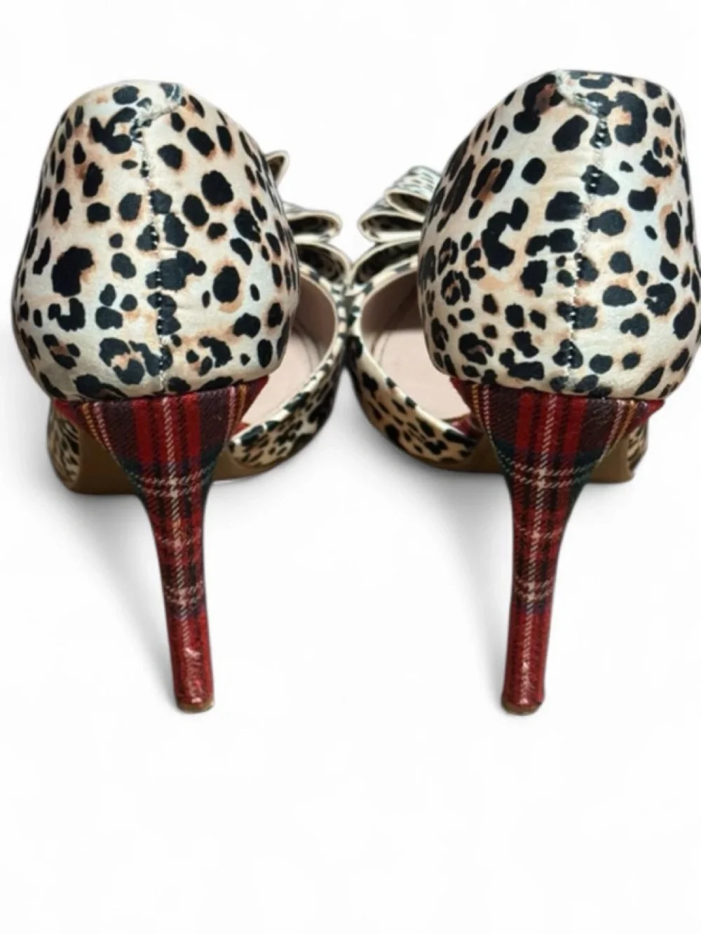 Betsey Johnson Leopard Print and Plaid Pointed Toe Pumps with Bow Accent